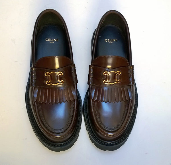 Celine Margaret Triomphe Loafers in Glossy Dark Brown Leather Platform New in Box