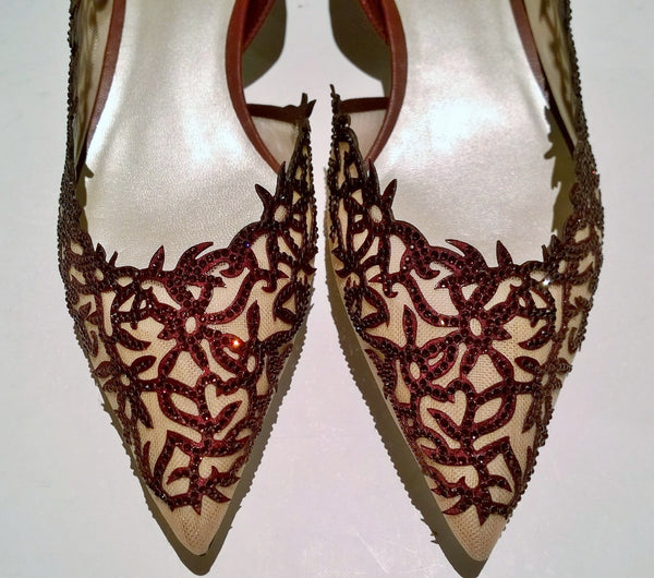 Rene' Caovilla Guendy Burgundy Leather and Strass Rhinestone Mesh Flats New in Box