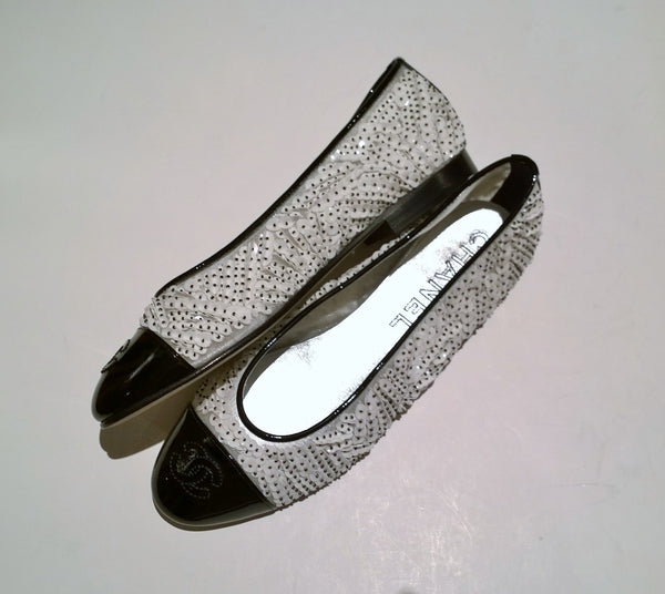 Chanel White Sequin Ballet Flats Black Cap Toe Pumps New in Box Shoes