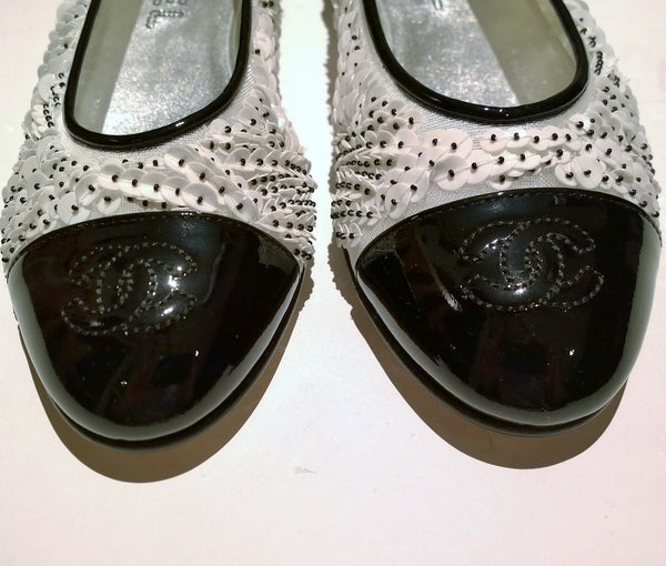 Chanel White Sequin Ballet Flats Black Cap Toe Pumps New in Box Shoes