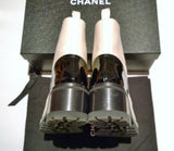 Chanel White and Black Ankle Boots with Pearl Button Details and Lugged Soles New in Box