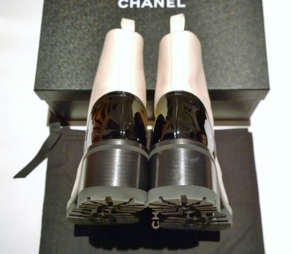Chanel White and Black Ankle Boots with Pearl Button Details and Lugged Soles New in Box
