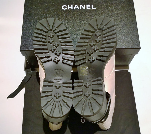 Chanel White and Black Ankle Boots with Pearl Button Details and Lugged Soles New in Box