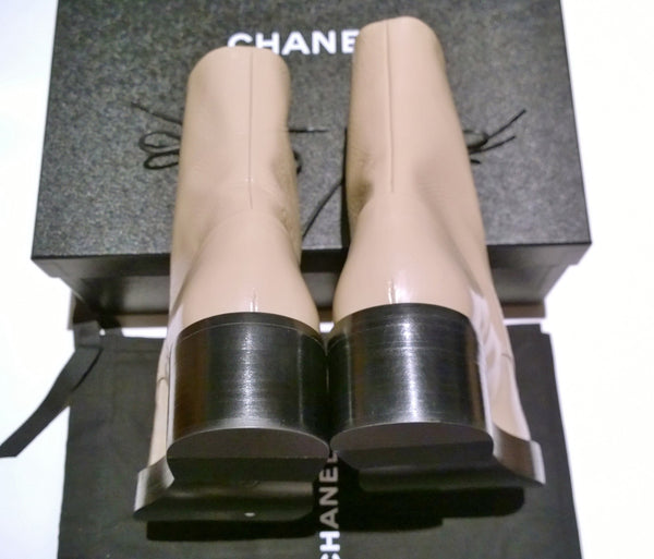 Chanel Beige Leather Ankle Boots with Black Cap Front Platform Laceup New in Box