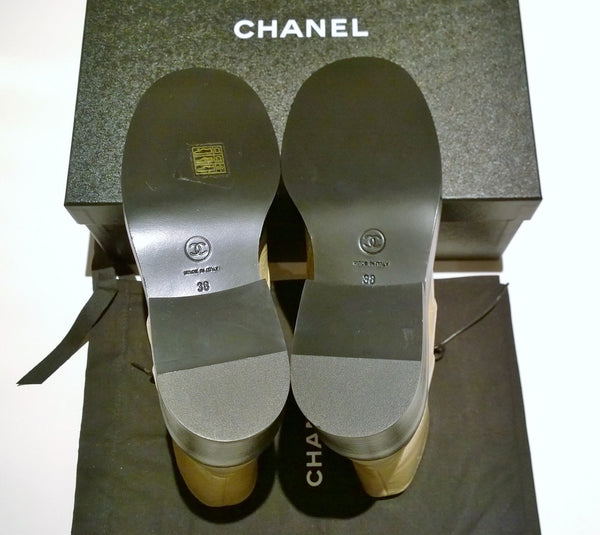 Chanel Beige Leather Ankle Boots with Black Cap Front Platform Laceup New in Box