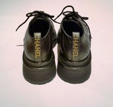 Chanel Black Leather Patent Cap Toe Platform Oxfords with Studs Lace Up New in Box