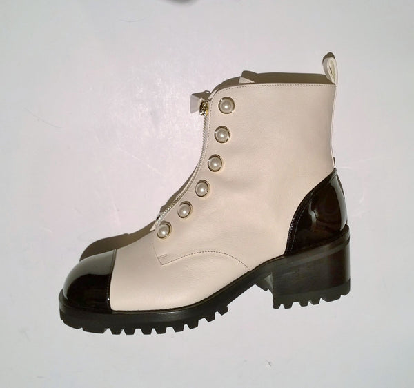 Chanel White and Black Ankle Boots with Pearl Button Details and Lugged Soles New in Box