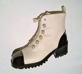 Chanel White and Black Ankle Boots with Pearl Button Details and Lugged Soles New in Box