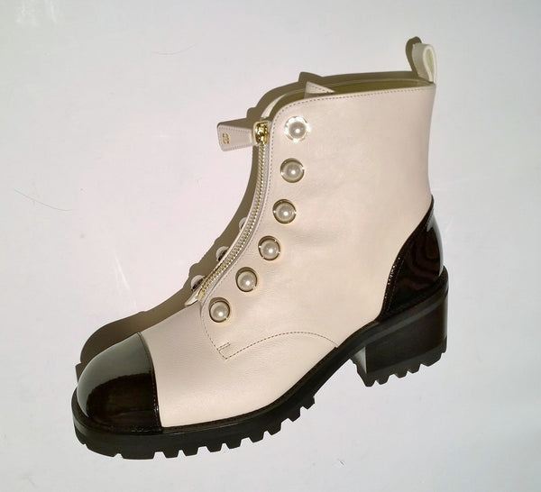 Chanel White and Black Ankle Boots with Pearl Button Details and Lugged Soles New in Box