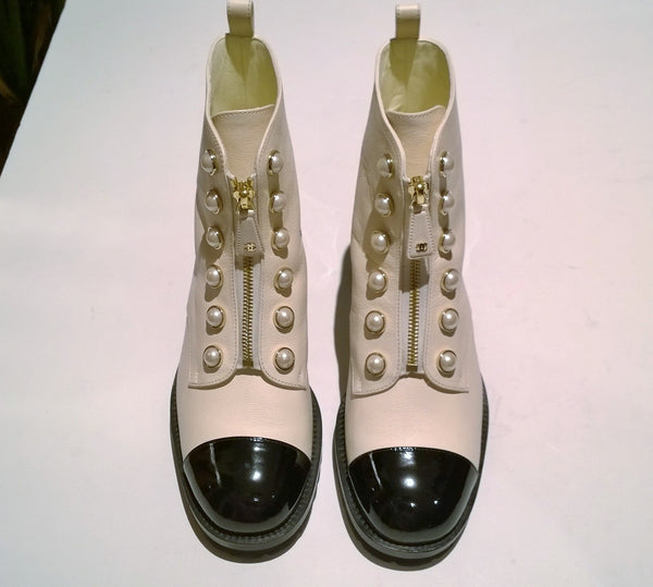 Chanel White and Black Ankle Boots with Pearl Button Details and Lugged Soles New in Box