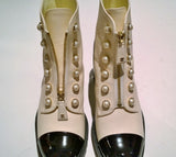 Chanel White and Black Ankle Boots with Pearl Button Details and Lugged Soles New in Box