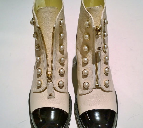 Chanel White and Black Ankle Boots with Pearl Button Details and Lugged Soles New in Box