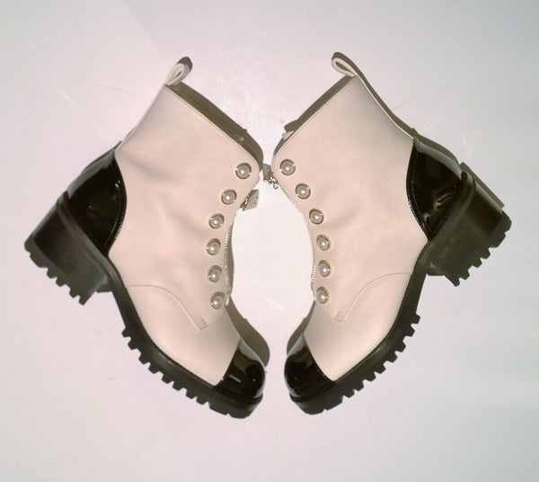 Chanel White and Black Ankle Boots with Pearl Button Details and Lugged Soles New in Box