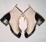 Chanel White and Black Ankle Boots with Pearl Button Details and Lugged Soles New in Box