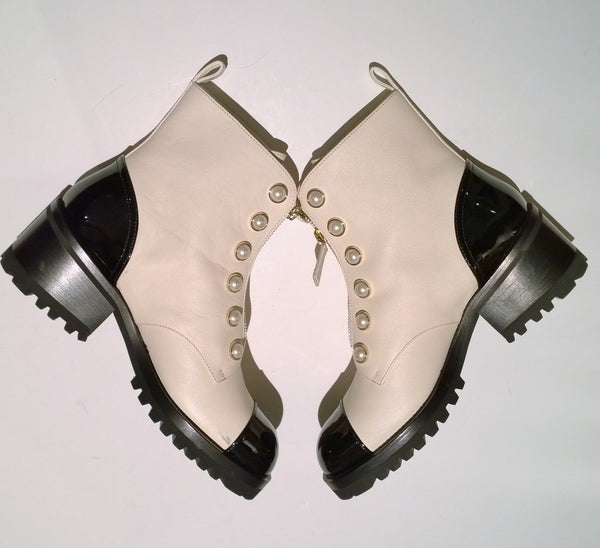 Chanel White and Black Ankle Boots with Pearl Button Details and Lugged Soles New in Box