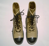 Chanel Beige Leather Ankle Boots with Black Cap Front Platform Laceup New in Box