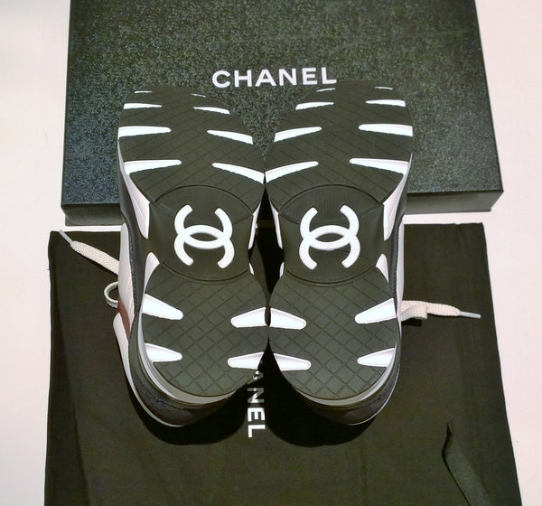 Chanel CC Calfskin Sneakers in White, Black and Burgundy New in Box