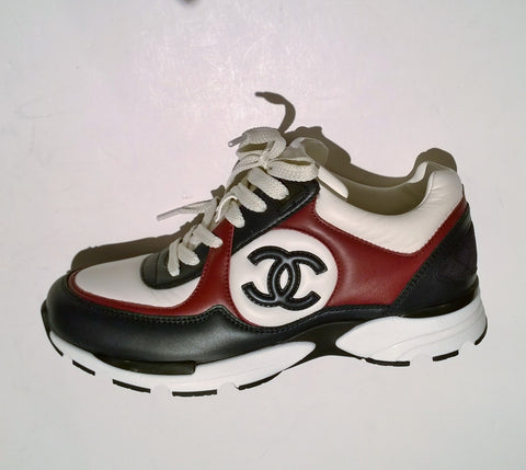 Chanel CC Calfskin Sneakers in White, Black and Burgundy New in Box