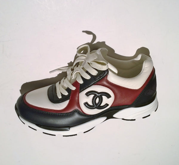 Chanel CC Calfskin Sneakers in White, Black and Burgundy New in Box