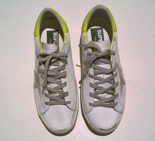 Golden Goose Superstar White Leather Sneakers Star Lime Lemon Yellow Detail New in Box