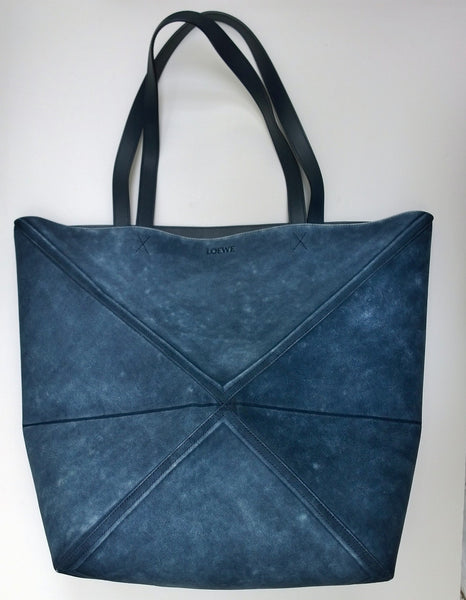 Loewe Puzzle Fold Tote Large in Dark Blue Distressed Suede New