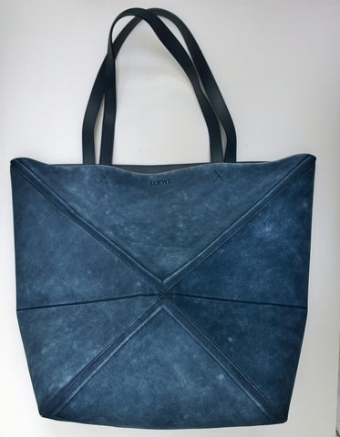 Loewe Puzzle Fold Tote Large in Dark Blue Distressed Suede New