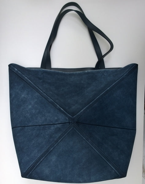 Loewe Puzzle Fold Tote Large in Dark Blue Distressed Suede New