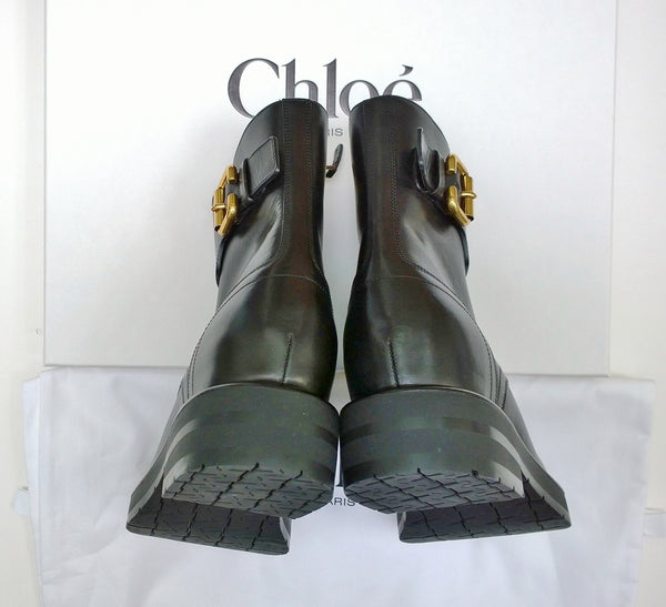 Chloé Coddington Black Leather Ankle Boots with Logo Detail Buckle New in Box Hidden Platform Heels