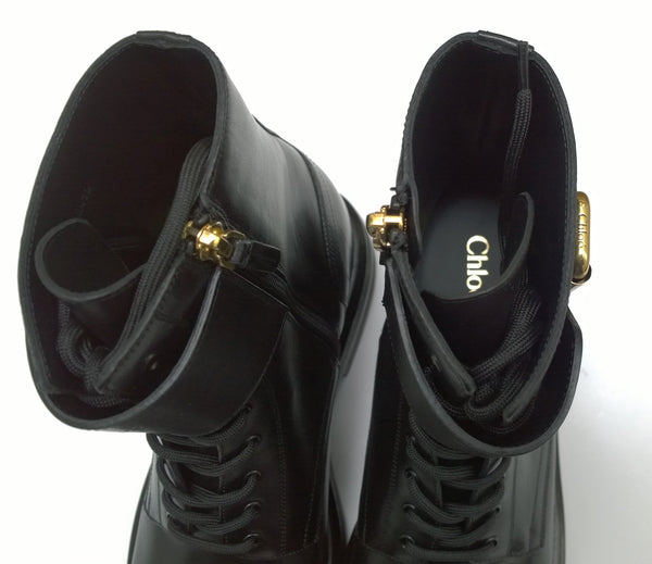 Chloé Coddington Black Leather Ankle Boots with Logo Detail Buckle New in Box Hidden Platform Heels