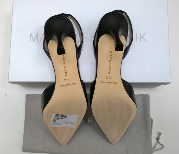 Manolo Blahnik Carolyne 70 Black Leather Slingback Heels New in Box