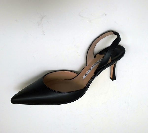 Manolo Blahnik Carolyne 70 Black Leather Slingback Heels New in Box