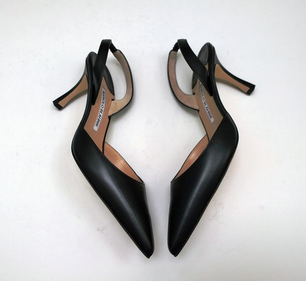 Manolo Blahnik Carolyne 70 Black Leather Slingback Heels New in Box