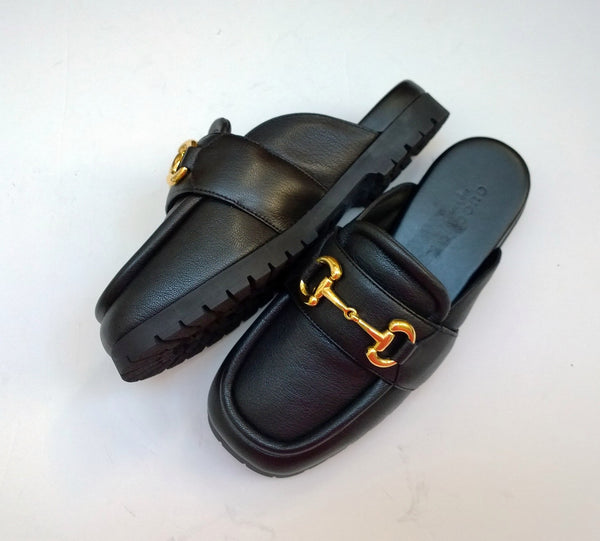 Gucci Airel Black Leather Horsebit Platform Slides Bit Flats New in Box Loafers