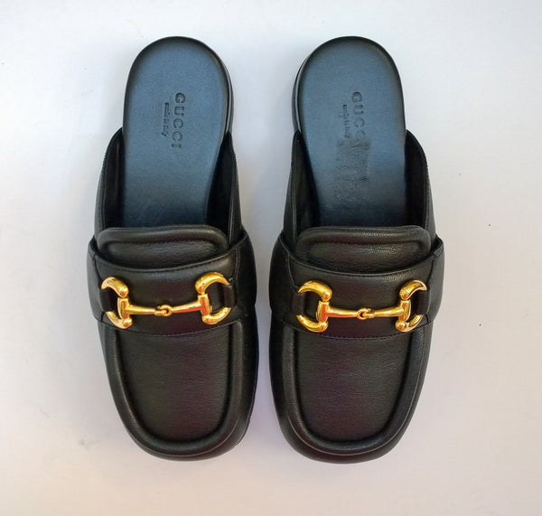 Gucci Airel Black Leather Horsebit Platform Slides Bit Flats New in Box Loafers