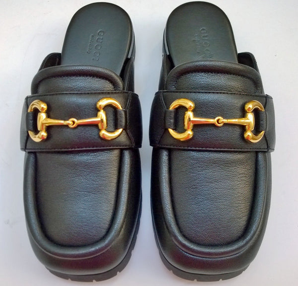 Gucci Airel Black Leather Horsebit Platform Slides Bit Flats New in Box Loafers