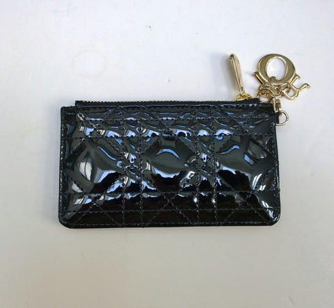 Dior Black Patent Card Wallet Lady Dior Letter Charm New in Box