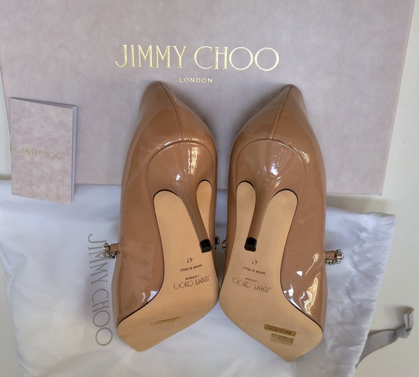 Jimmy Choo Bing 65 Nude Patent Leather Rhinestone Strap Heels New in Box