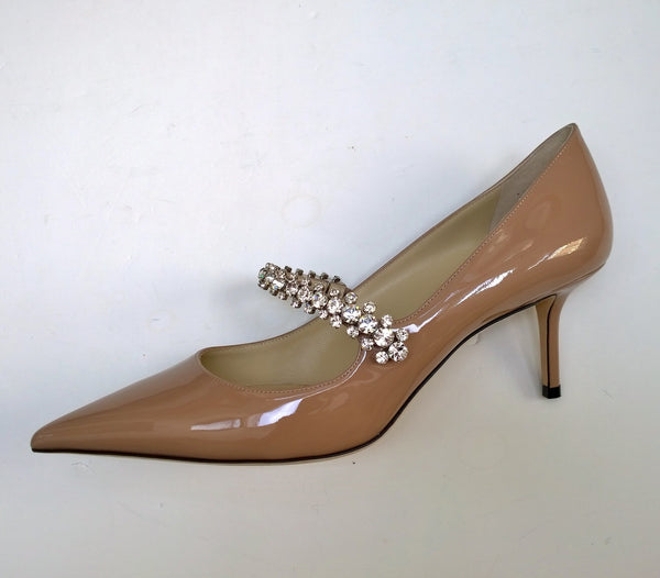 Jimmy Choo Bing 65 Nude Patent Leather Rhinestone Strap Heels New in Box