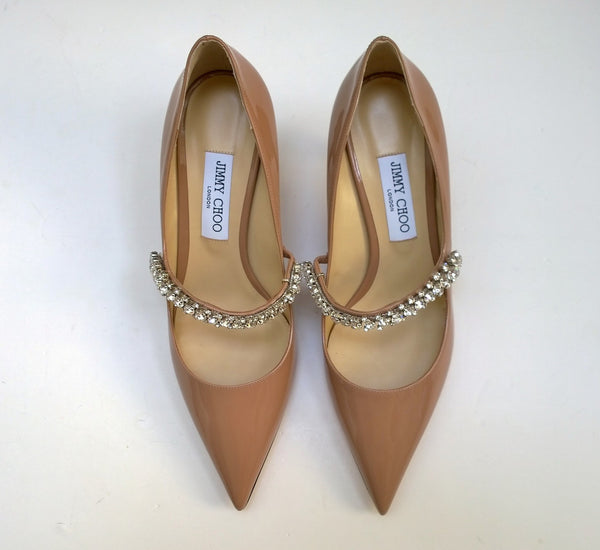 Jimmy Choo Bing 65 Nude Patent Leather Rhinestone Strap Heels New in Box