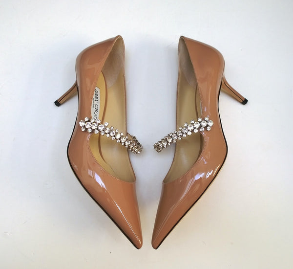 Jimmy Choo Bing 65 Nude Patent Leather Rhinestone Strap Heels New in Box