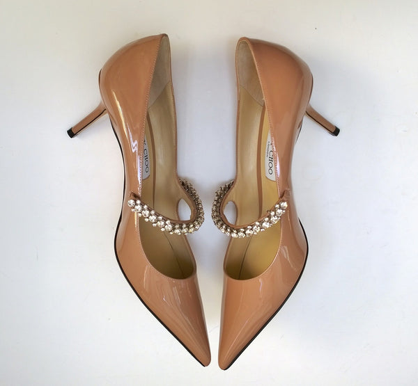 Jimmy Choo Bing 65 Nude Patent Leather Rhinestone Strap Heels New in Box