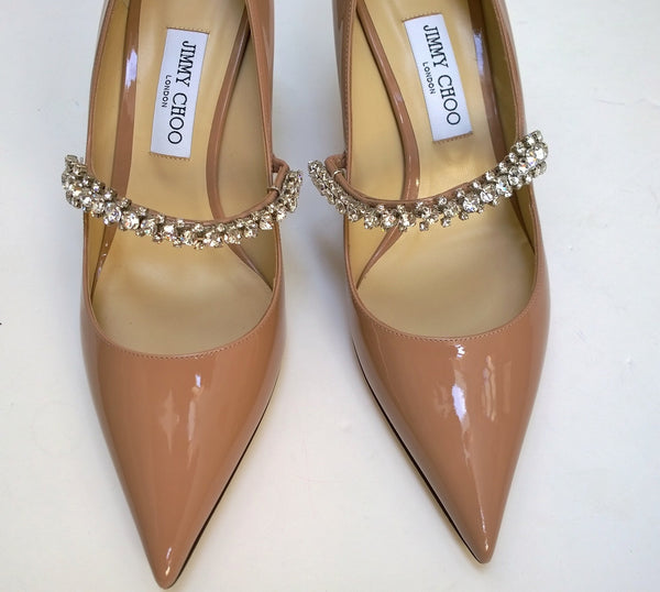 Jimmy Choo Bing 65 Nude Patent Leather Rhinestone Strap Heels New in Box