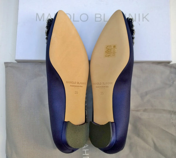 Manolo Blahnik Hangisi Flats Navy Satin Rhinestone Buckle Shoes New in Box