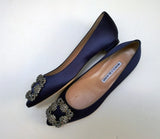 Manolo Blahnik Hangisi Flats Navy Satin Rhinestone Buckle Shoes New in Box