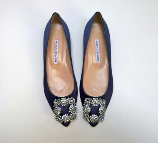 Manolo Blahnik Hangisi Flats Navy Satin Rhinestone Buckle Shoes New in Box