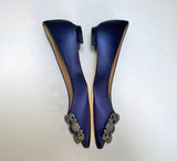 Manolo Blahnik Hangisi Flats Navy Satin Rhinestone Buckle Shoes New in Box