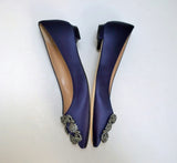 Manolo Blahnik Hangisi Flats Navy Satin Rhinestone Buckle Shoes New in Box