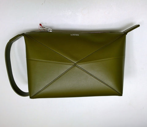 Loewe Puzzle Fold Handle Clutch Bag in Olive Leather New with Tags