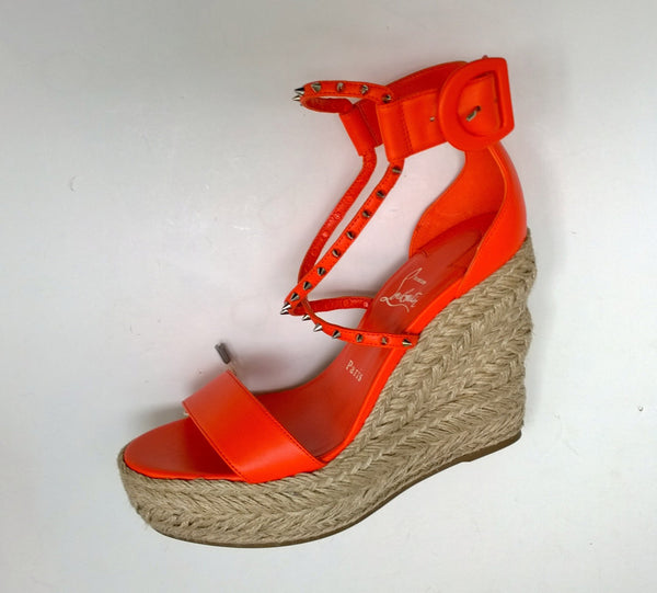 Christian Louboutin Chocazeppa 120 Orange Leather Espadrilles Wedge Heels New in Box