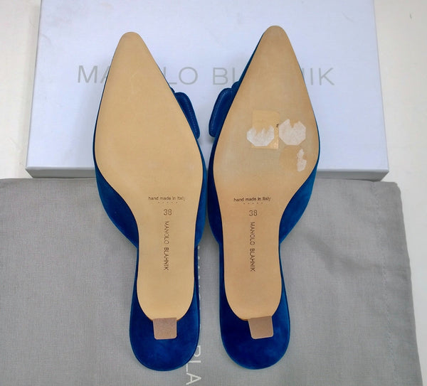 Manolo Blahnik Blue Pool Velvet Maysale 50 Mules New Heels